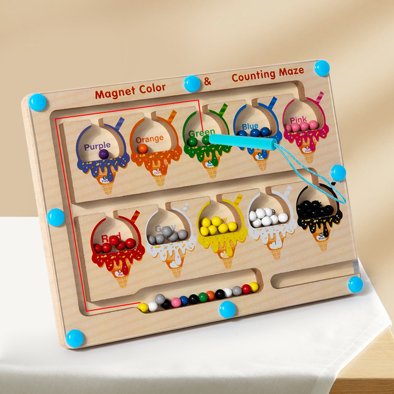 Laberinto de cuentas magnéticas para niños, tablero de clasificación de colores de madera, juguete educativo Montessori para bebés, tren pequeño educativo