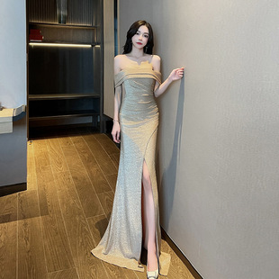 2025 New Sexy One-Shoulder Tube Top, Hip-Covering Slit Long Skirt, High-End Elegant, Chest-Wrapped Toast Dress, Evening Dress