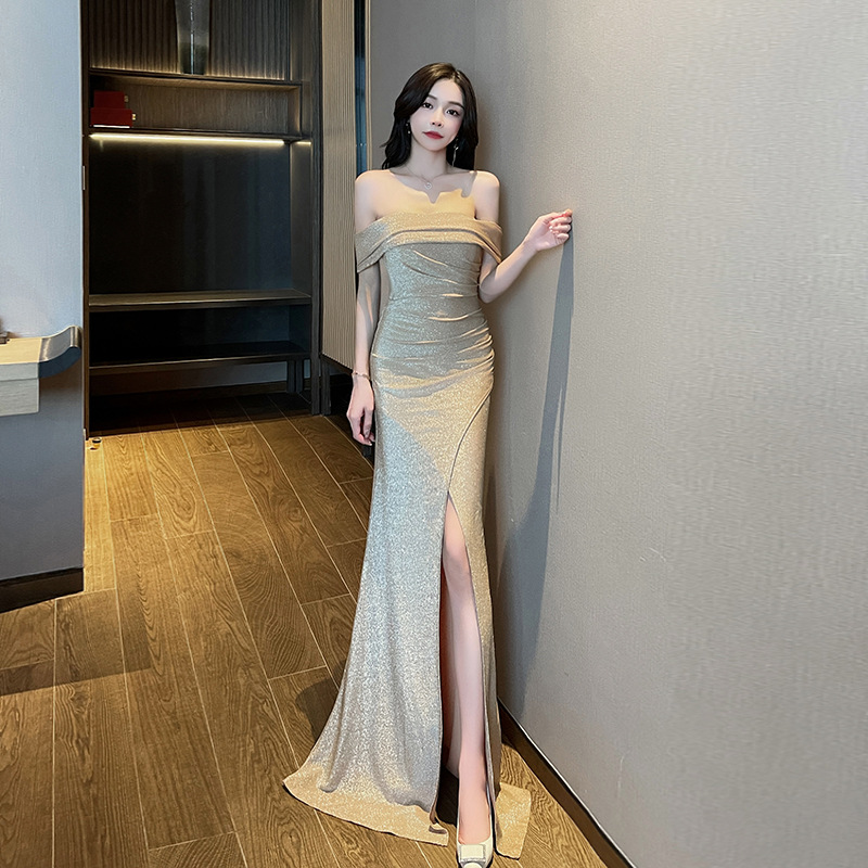 2026 New Style Sexy Off-Shoulder Tube Top Bodycon Slit Long Dress with a High-End Feel, Elegant Bustier-Style Evening Gown