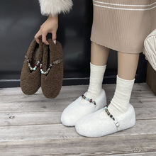 偏大一码冬季懒人一脚蹬毛毛鞋女外穿加绒豆豆内增高大码保暖棉鞋