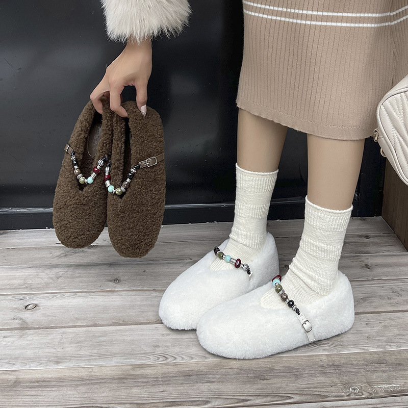 偏大一码冬季懒人一脚蹬毛毛鞋女外穿加绒豆豆内增高大码保暖棉鞋