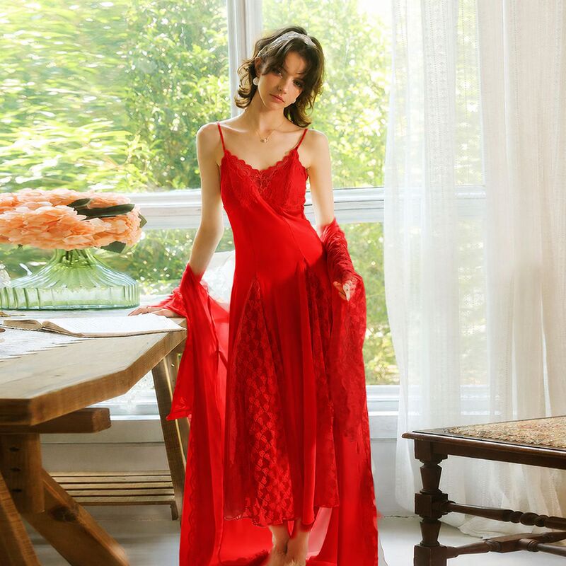 French lace satin robe set, featuring a flowing, sleeveless nightgown and a flared-sleeve outer layer, perfect as a bridal wedding dress 976