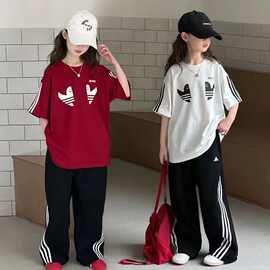 女童宝宝韩版时髦运动套装中大童夏季新款洋气短袖裤子条纹两件套