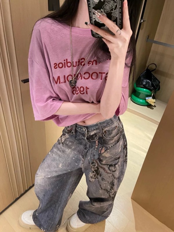 クロスボーダー高品質 Acn Stu25 春夏ダーティーウォッシュ加工文字プリント半袖Tシャツ 男女兼用|undefined