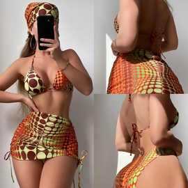 BIKINI外单泳衣女2023新款印花四件套分体式比基尼绑带式欧美泳装