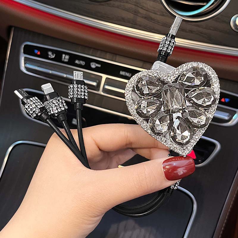 Diamond-encrusted data cable three-in-one car charging cable multifunctional retractable portable storage three-port tpyec charging