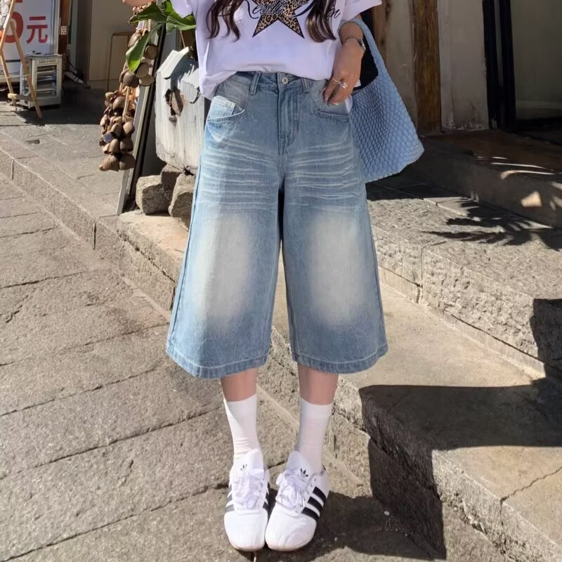 American-Style New Vintage Whiskered Washed Cropped Jeans for Women, Summer 2026, Loose Wide-Leg Slimming Straight Mid-Length Pants American-Style New Vintage Whiskered Washed Cropped Jeans for Women, Summer 2026, Loose Wide-Leg Slimming Straight Mid-Length Pants