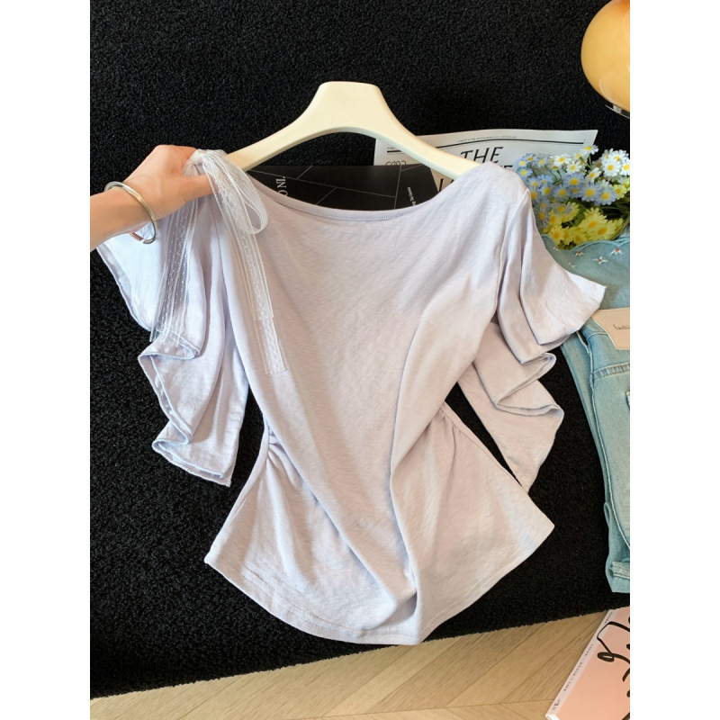 Pure Desire Lace Bow Tie Ruffle Sleeve T-Shirt for Women, Summer Niche Design, Ultra-Fairy Style, Draped Collar, Pleated Top