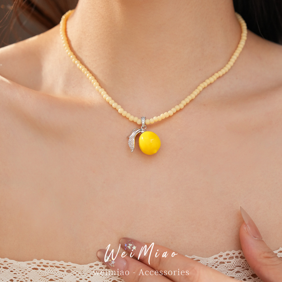 Collar de limón de resina de zircón con cuentas redondas lujo ligero nicho clavícula fresco conjunto de joyería de alta calidad mayorista