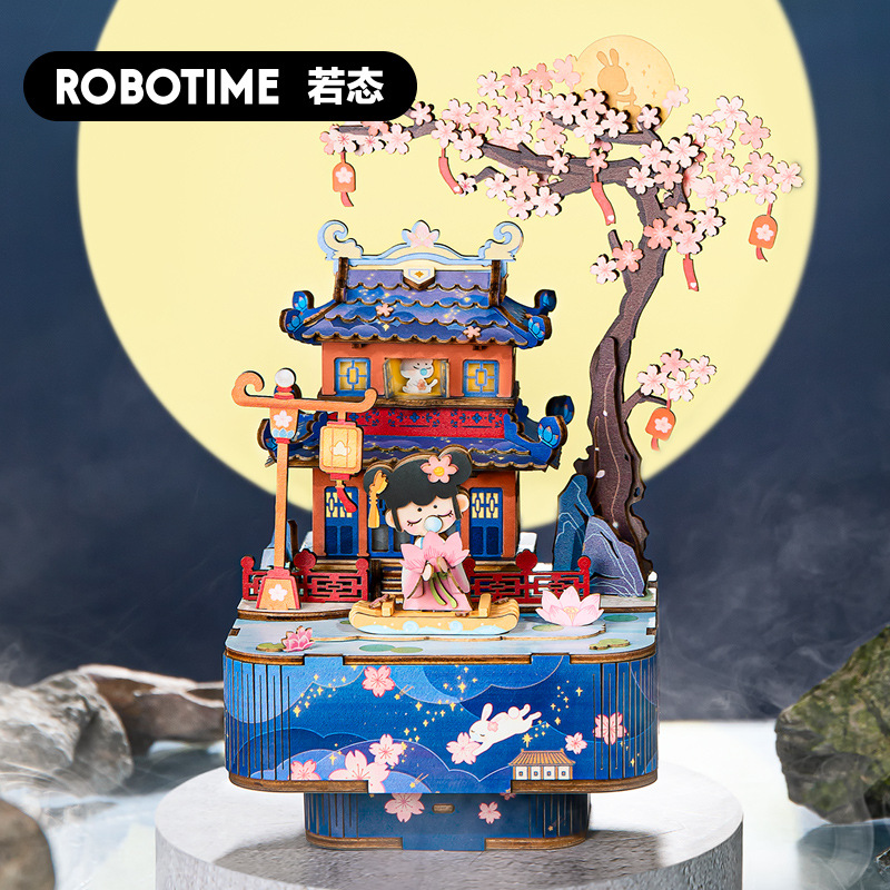 Ruolai caja de música antigua 3D 3D DIY de madera montado caja de música 3D rompecabezas DIY caja de música hecha a mano