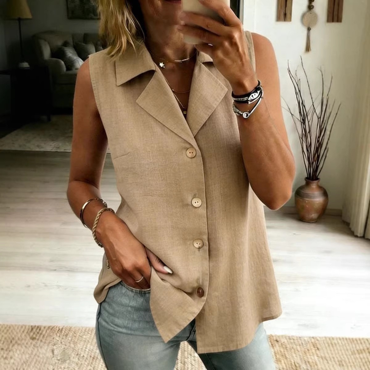 Ropa de mujer: Top sin mangas de color liso, corte holgado, ideal para el verano, tanto para ocasiones formales como informales._voghion.com