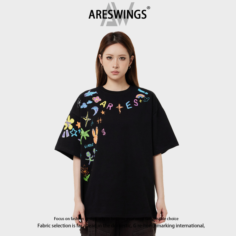 Areswings Cartoon Graffiti Print Short-Sleeved T-Shirt Women's New Loose Ins Versatile Top Mlb Short-Sleeved T-Shirt