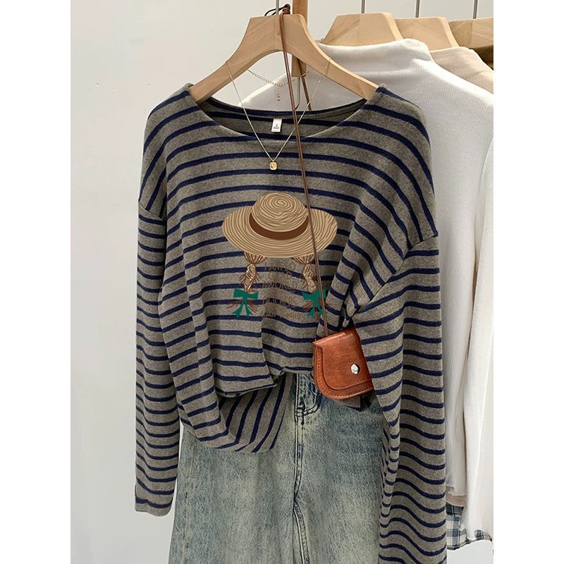 2026 New Striped Pure Cotton Long-Sleeve T-Shirt for Women, Fashionable Versatile Top, Base Shirt for Spring, Autumn, and Winter 2026 New Striped Pure Cotton Long-Sleeve T-Shirt for Women, Fashionable Versatile Top, Base Shirt for Spring, Autumn, and Winter