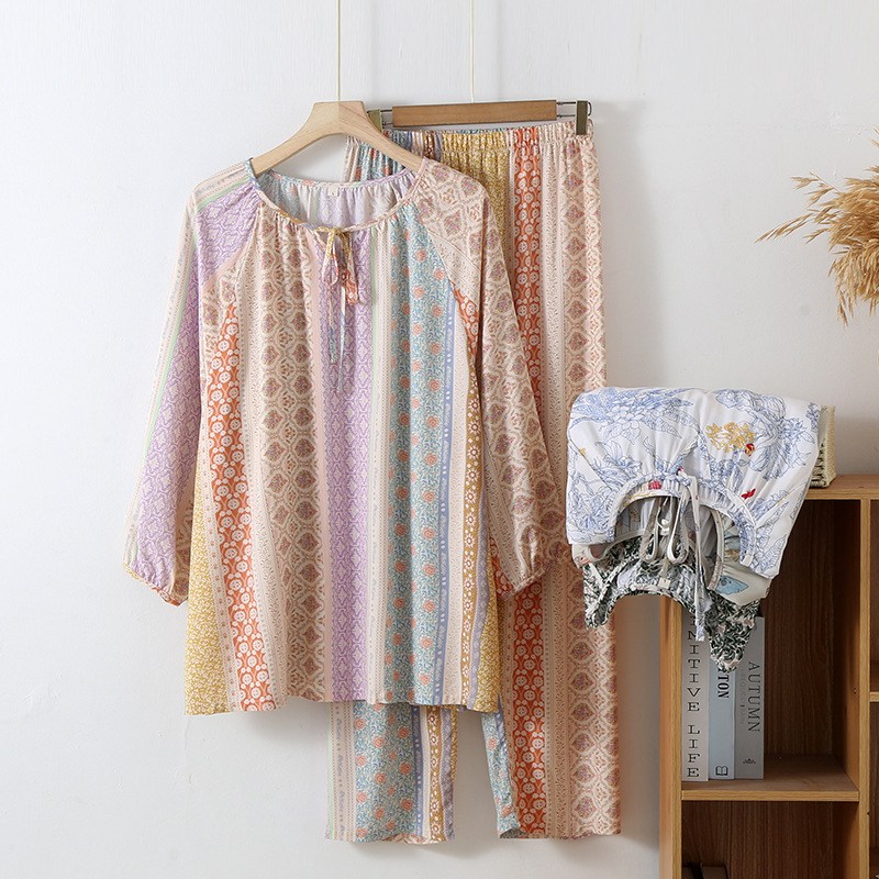 Pajamas Cotton Silk Spring and Summer National Style High-end Long-sleeved Ram Cotton Women's Long-sleeved Thin Loose Air-conditioning Clothing Home Clothes Suit