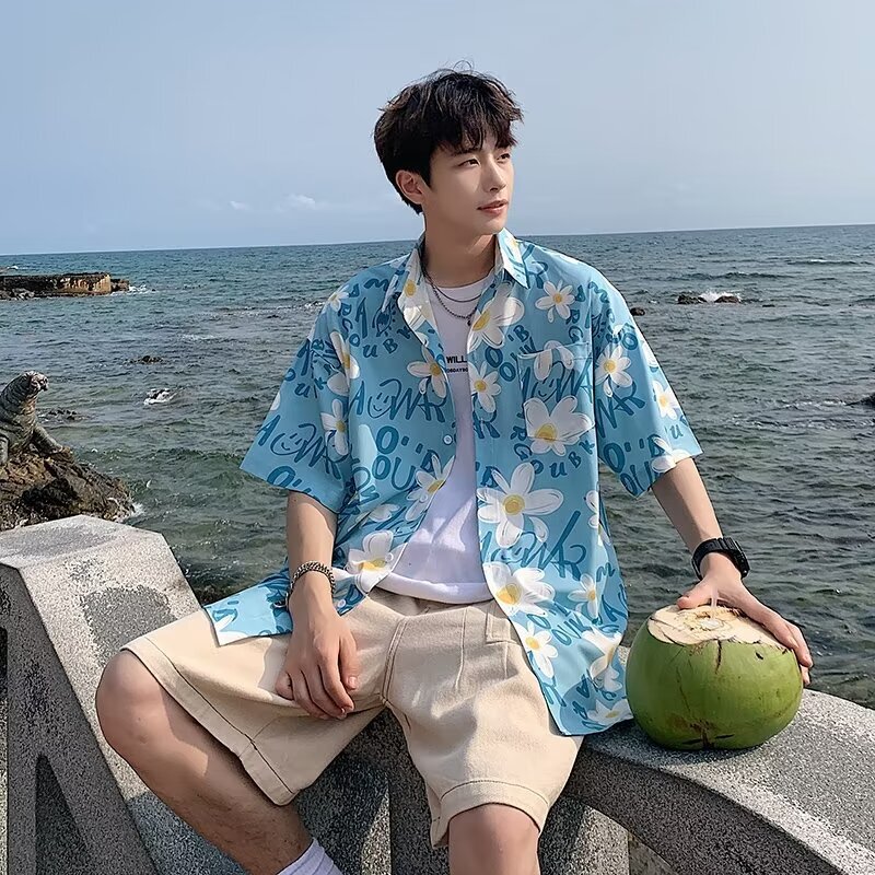 Hawaiian Flower Shirt Men's Short-sleeved Summer Thin Ice Silk Trendy Brand Beach Seaside Shirt Loose Half-sleeved Jacket for Men