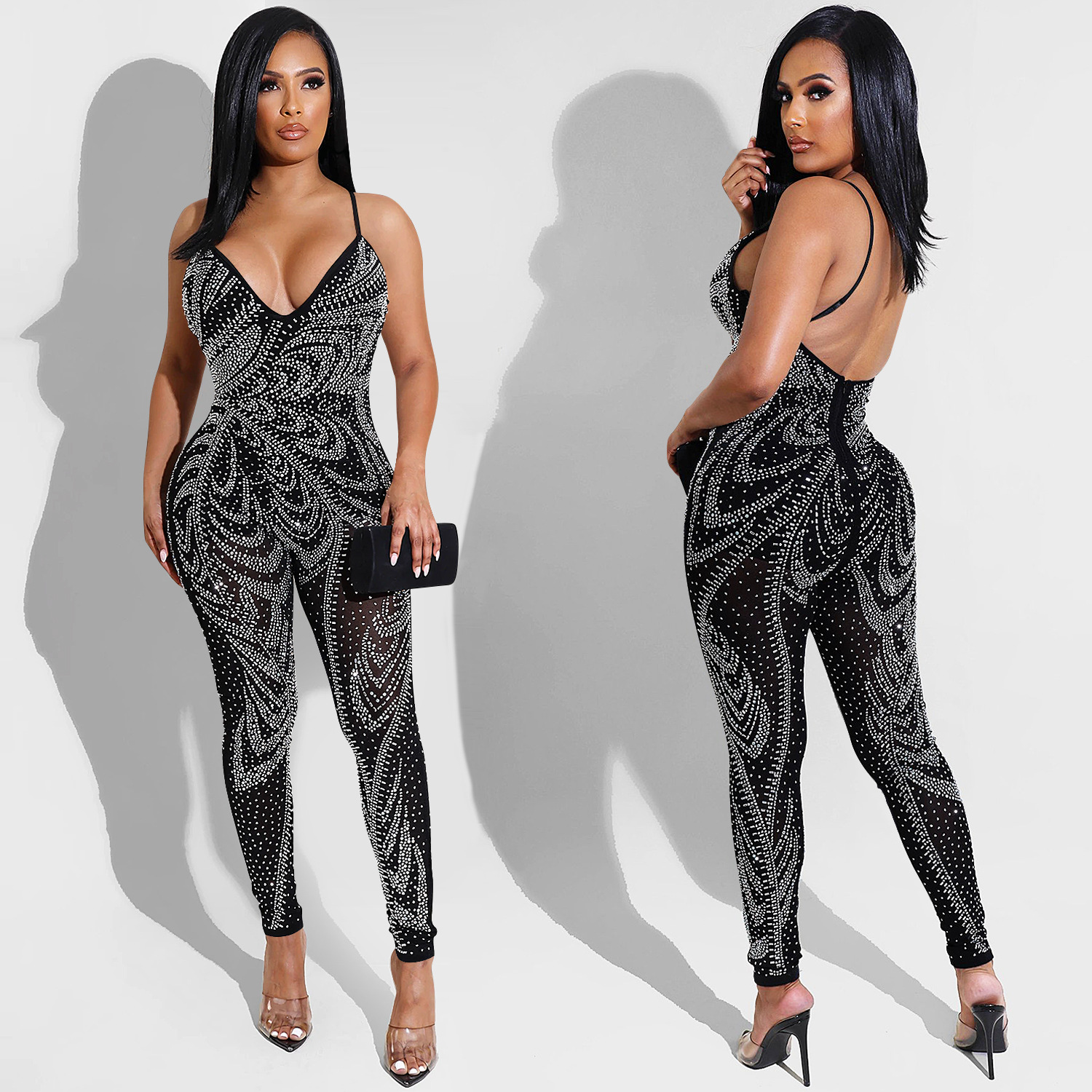 X5280 transfronteriza verano nuevo europeo y americano de las mujeres sexy nightclub malla transparente leche seda suspender pantalones mono image 3