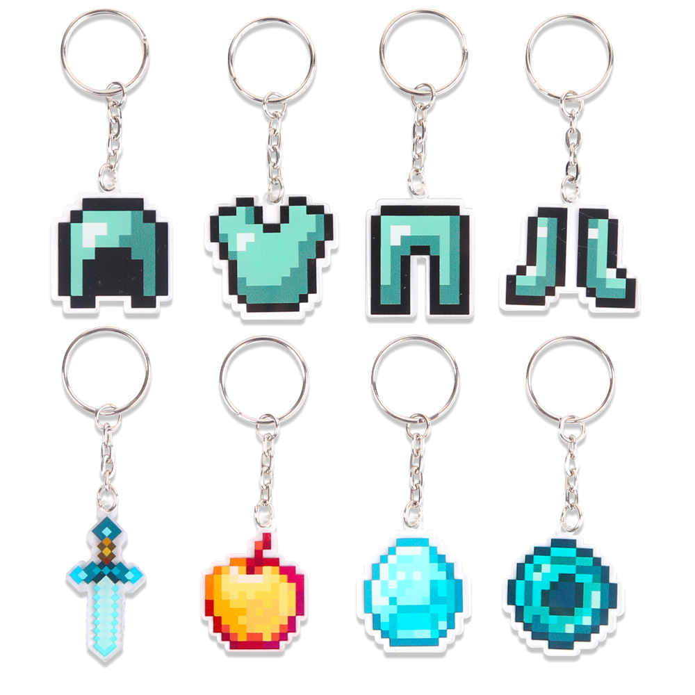 Minecraft llavero juego de píxeles tema fiesta decoración arma diamante colgante acrílico mochila colgante