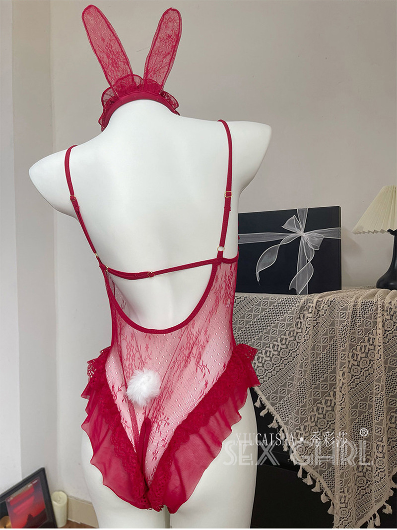Bunny Girl Lace Bodysuit Costume with Open-Crotch Design and White Stockings — detail image 21
