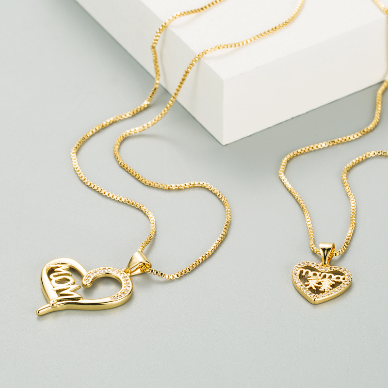 Mother's Day Series Copper Gold-plated Hollow Letter Heart-shaped Pendant Necklace Wholesale Nihaojewelry display picture 2