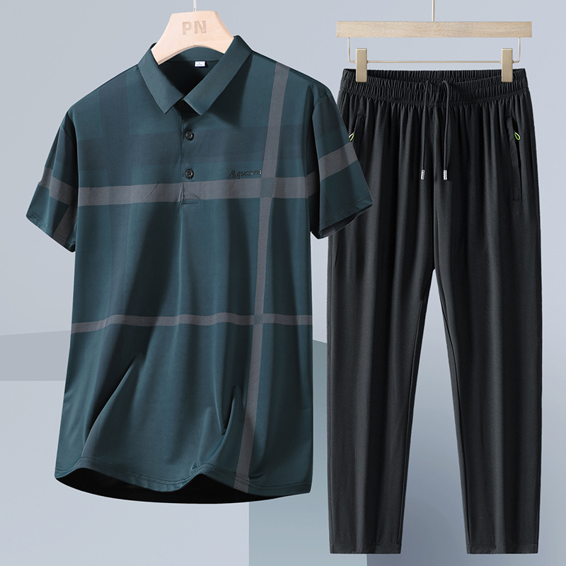 Verano de mediana edad y ancianos traje de polo hombres nuevos pantalones de manga corta de seda de hielo traje de papá suelto casual de dos piezas hombre