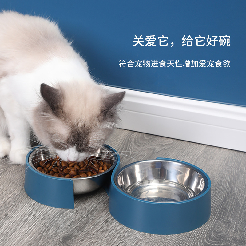 Cat Bowl de acero inoxidable en forma de S para mascotas doble tazón de alimentación para perros tazón antidetonante para beber vajilla para mascotas al por mayor transfronterizo