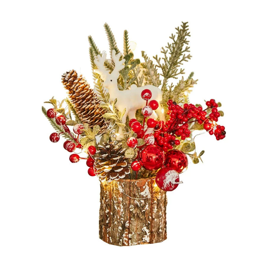 small decorative Christmas tree (bark base), tabletop floral ornament, 25×15×12 cm, light variants