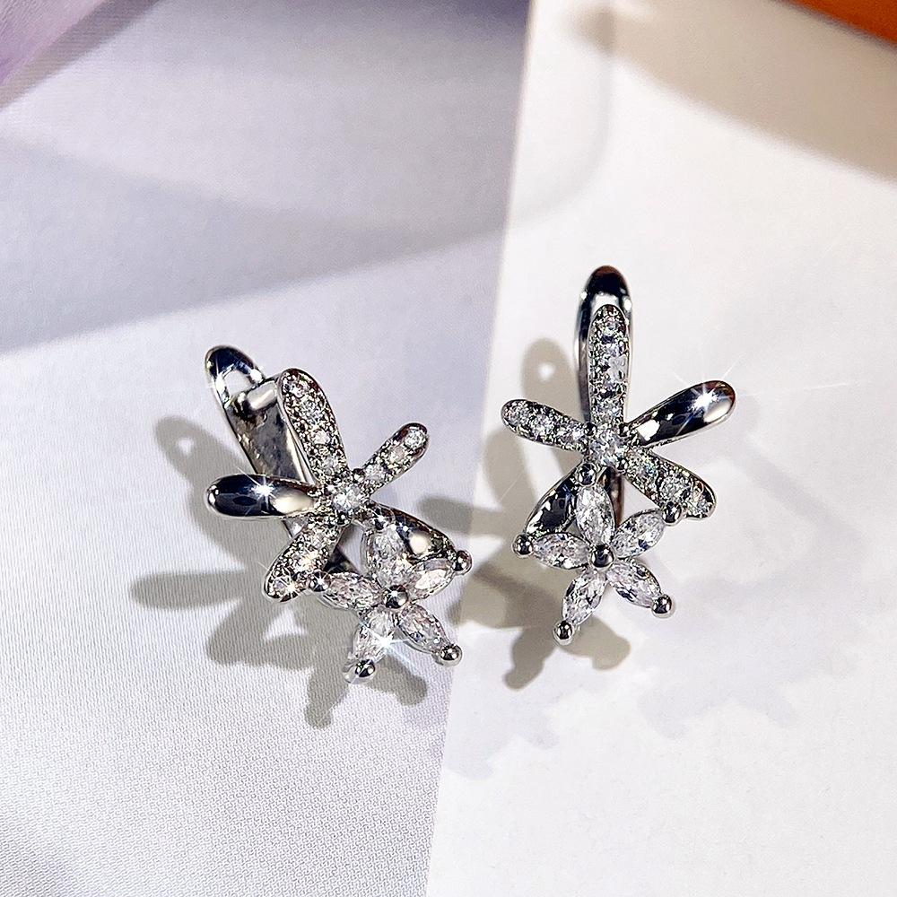 Cao Shi Korean Cute and Exquisite Copper Set Zirconium Flower Earrings for Women's Ins High Quality Flower Earrings_voghion.com
