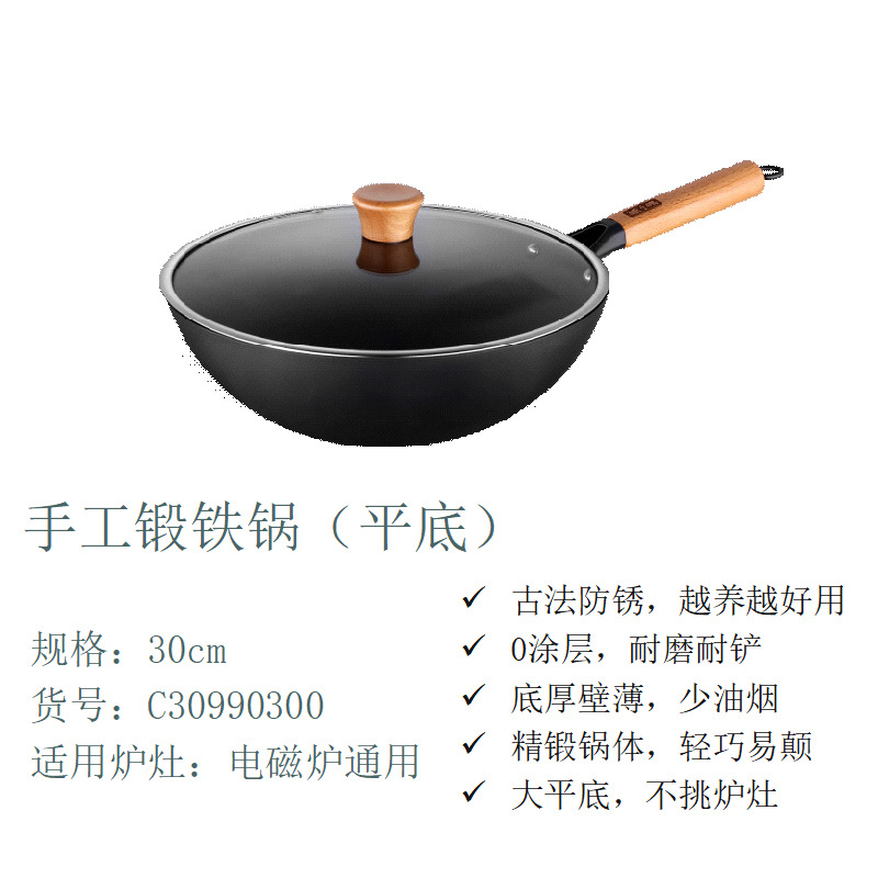 손으로 단철 냄비 30cm (뚜껑이있는 평평한 바닥)