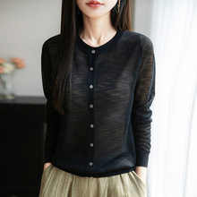 2025年夏季新款竹节麻圆领针织开衫长袖女纯色薄款简约百搭上衣