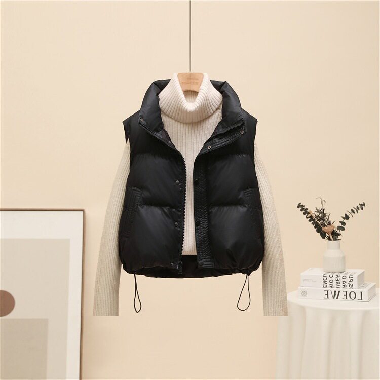 Áo khoác ngắn nữ dáng vest cổ đứng, phối túi khóa kéo ngực, giữ ấm mùa đông — Màu trắng nhạt, Xanh quân đội, màu đen, nâu