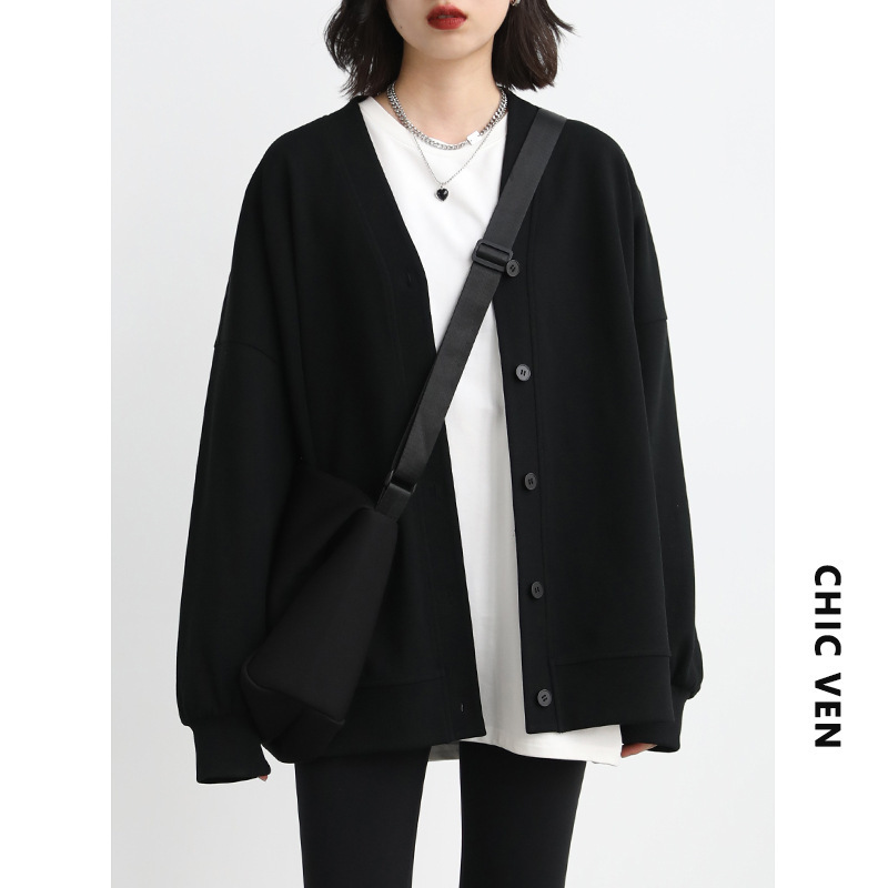 CHICVEN休闲百搭宽松V领中长款开衫珠地棉外套叠穿上衣2025秋装女|undefined