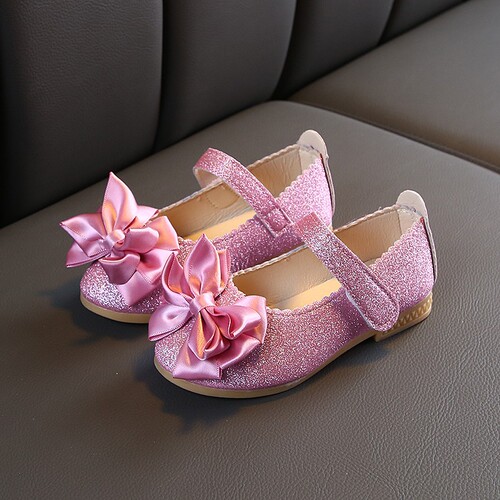 Children's leather shoes for girls, glitter princess shoes with bow, single shoes for little girls, performance shoes for girls