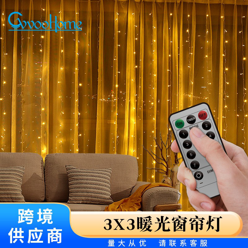 Luz de cortina de alambre de cobre LED 3*3 m USB multifunción control remoto decoración de Navidad exterior impermeable cálido luz blanca cadena