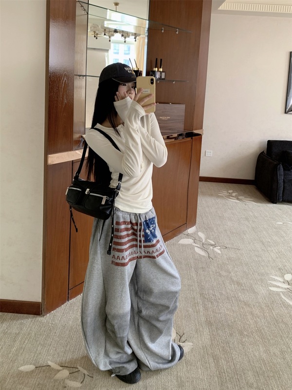 美式灰色休闲裤女秋季爵士舞裤子运动裤卫裤高腰直筒阔腿拖地长裤|undefined