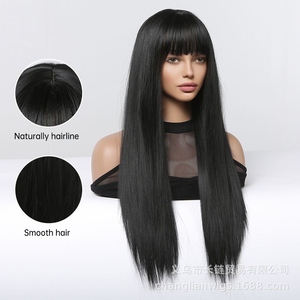 Peluca para mujer, estilo primer amor, negra larga y lisa con flequillo, fibra de alta temperatura, gorro de red rosa, peluca completa, peluca de fibra sintética para mujer, venta al por mayor en stock.