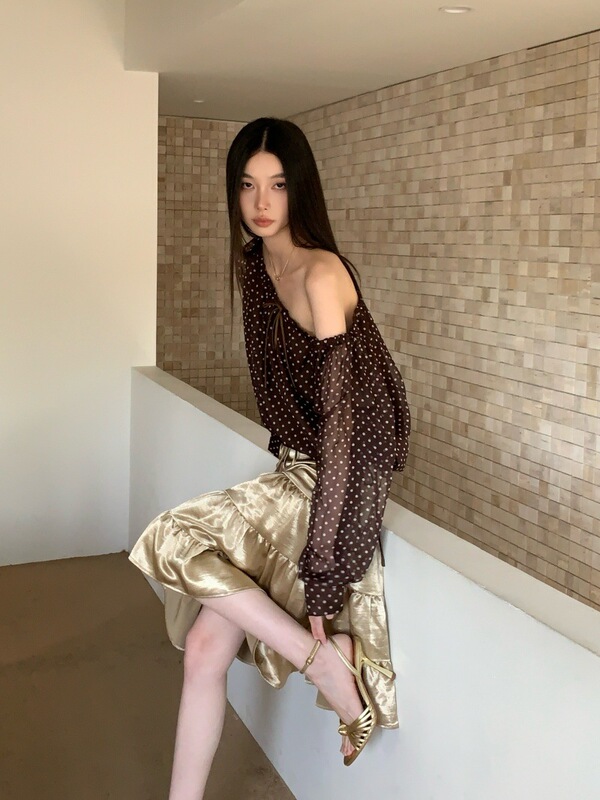 Brown Polka Dot Multi-Wear Lace-Up Long-Sleeved T-Shirt Top + Gold Pleated Drawstring Waist Layered A-Line Skirt