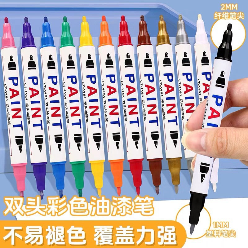Cross-Border Dual-Tip Paint Marker, Waterproof, Fade-Resistant, Low-Odor, Specialized for Marking on Stone, Ceramic, and Metal, Suitable for Graffiti and Signatures