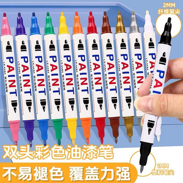 Cross-Border Dual-Tip Paint Marker, Waterproof, Fade-Resistant, Low-Odor, Specialized for Marking on Stone, Ceramic, and Metal, Suitable for Graffiti and Signatures