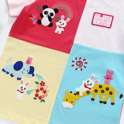 miki children's clothing summer male and female children's cartoon bear and rabbit good friends embroidered color-blocked short-sleeved T-shirts for shipping