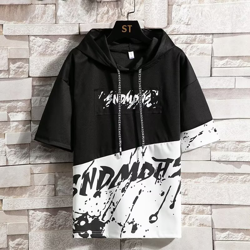 Hooded trend half sleeve daily letter T-shirt new fashion fashion brand exquisite Korean style fashion urban summer men