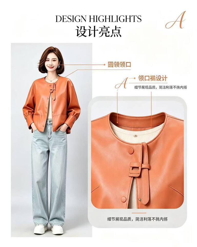 Áo khoác da nữ dáng ngắn ôm vừa, cổ lập, tay dài, phong cách thanh lịch — Cam Hermès, đen chi tiết 4
