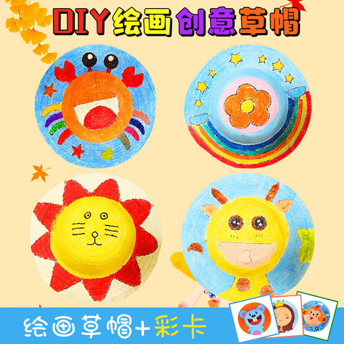 DIY Grass Hat Painting Hat for Children Kindergarten Drawing Coloring Hand-painted Scribble Coloring Creative Street Stall