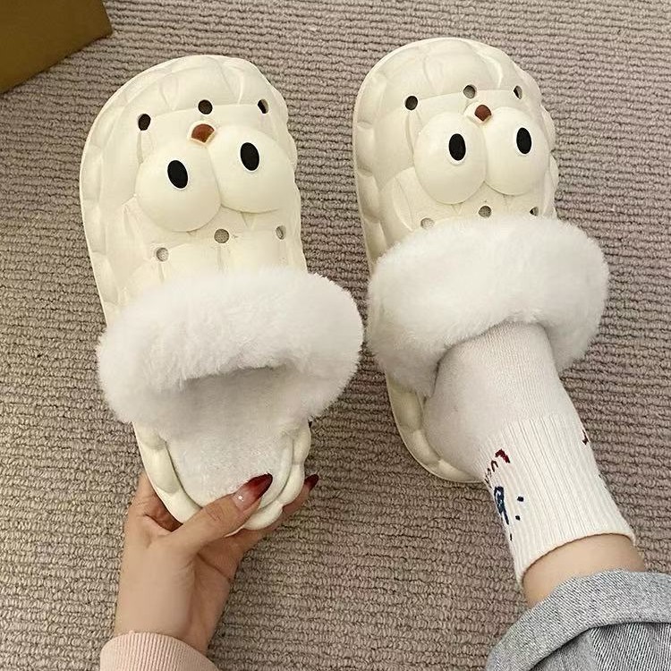 可拆卸洞洞棉拖鞋女冬防滑家居厚底可爱毛球学生宿舍室内保暖拖鞋
