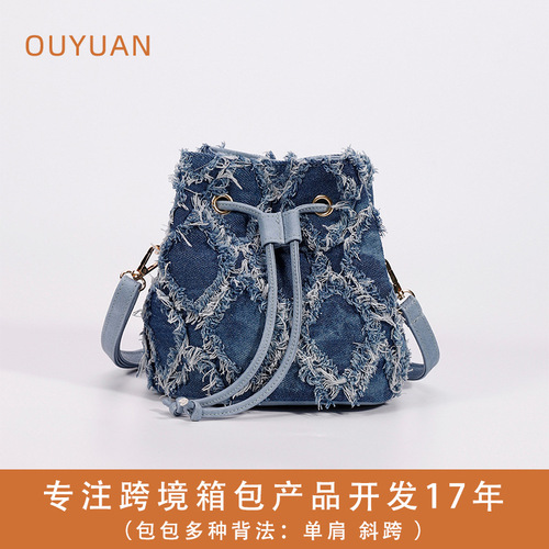 Dotted Mini Tie-Dye Denim Bucket Bag Cross-Border Amazon New Women's Crossbody Bag with Drawstring Fringe Handbag Wholesale