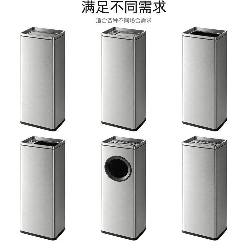 Stainless steel vertical trash can for hotel lobbies, shopping malls, elevators, and outdoor use, with a large swing lid and direct-disposal feature for extinguishing cigarettes Stainless steel vertical trash can for hotel lobbies, shopping malls, elevators, and outdoor use, with a large swing lid and direct-disposal feature for extinguishing cigarettes