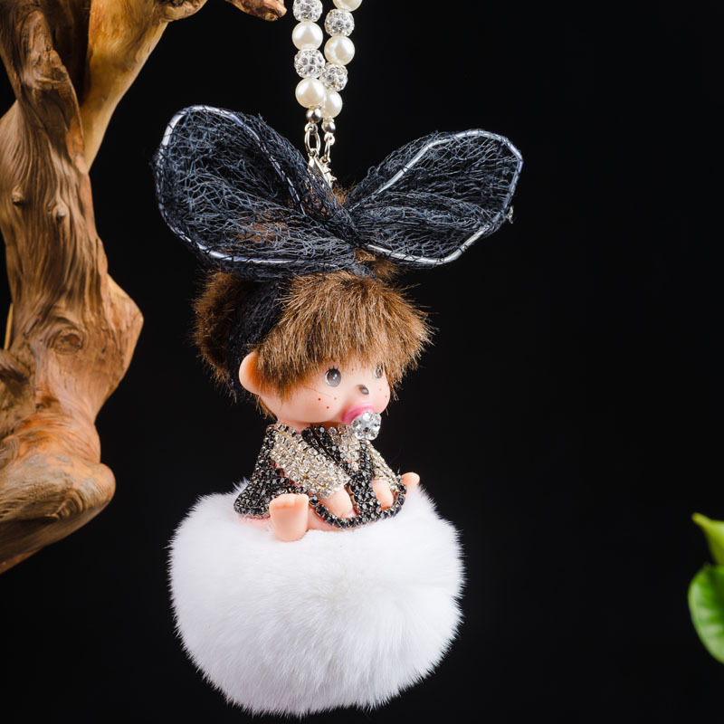 Encaje orejas de conejo lazo colgante de muñeca con incrustaciones de diamantes colgante de cadena de perlas accesorios para automóviles