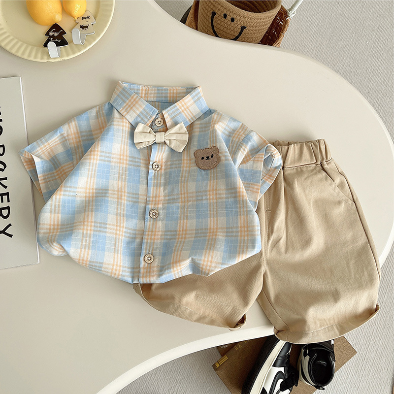 Boys' Summer suit New Children's Short-sleeved Fresh Plaid Stylish Fashionable Baby's Summer Handsome Korean Clothes