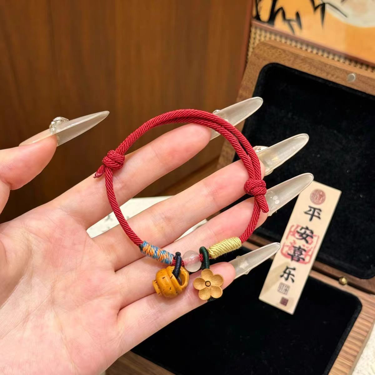 Peach wood and walnut basket bracelet, peace buckle plum blossom hand rope, red rope handmade braided bracelet, red rope for men and women for their zodiac year