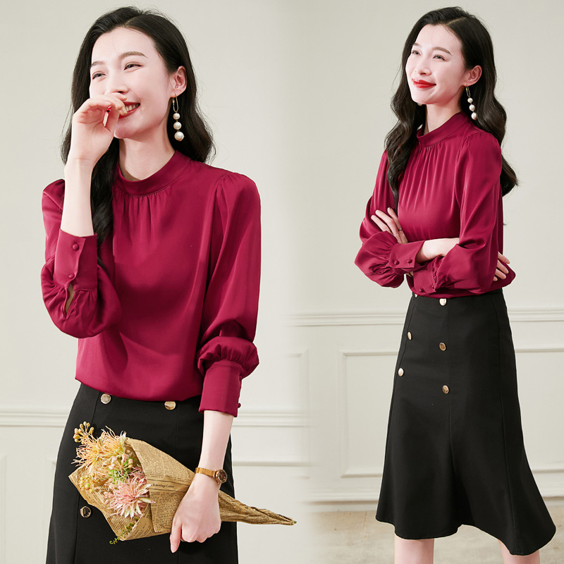 Spring solid elegant silk shirt with a round collar