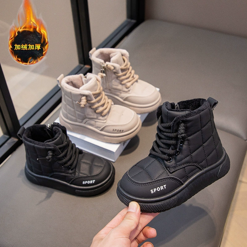 Детская хлопчатобумажная обувь клетчатая лапша 2024 зимняя новая мода плюс бархатные короткие сапоги для девочек белые снежные сапоги